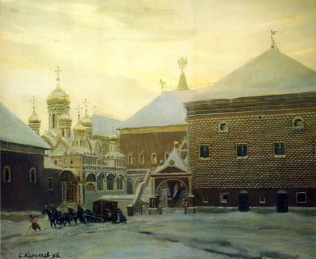 Tsar´s Palace. (The Author´s Reconstruction. A Version). From the Moscow Kremlin in the Seventeenth Century Series. 1995. Oil, cvs 80x100. Sergei Kirillov