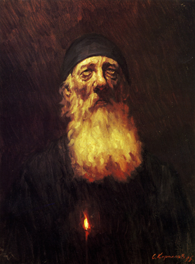 A Monk Praying. A portrait from the Russian People Series. 1995. Oil, cvs 80x40. Sergei Kirillov
