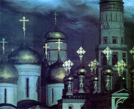 The Domes. (The Author´s Reconstruction). From the Moscow Kremlin in the Seventeenth Century Series. 1990. Oil, cvs 80x100. Sergei Kirillov