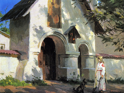 At the Gates of a Monastery. From the Seventeenth-Century Pskov City Series. 1992. Oil, cvs 40x50. Sergei Kirillov