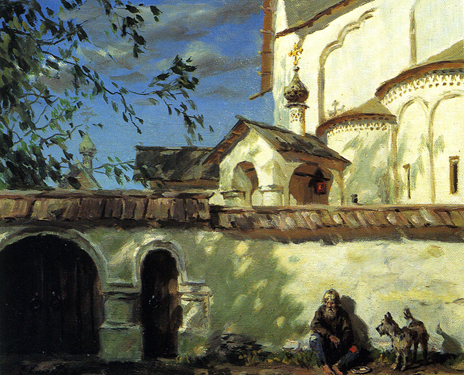 At the Gates of a Church. From the Seventeenth-Century Pskov City Series. 1995. Oil, cvs 40x50. Sergei Kirillov