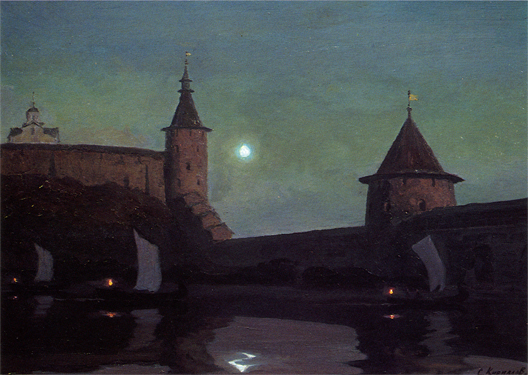 The Moonlit Kremlin. From the Seventeenth-Century Pskov City Series. 1990. Oil, cvs 60x80. Sergei Kirillov