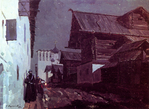 Apparition Street in Zapskovye. From the Seventeenth-Century Pskov City Series. 1990. Oil, cvs 60x80. Sergei Kirillov