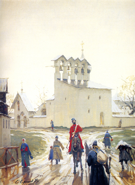 Historical Paintings: Zapskovye. From the Seventeenth-Century Pskov City Series. 1990. Oil, cvs 90x70. Sergei Kirillov