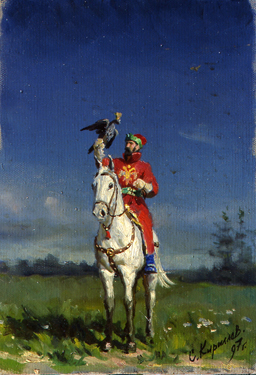 The Tsar´s Falconer with the falcon. 1997. Oil, cvs 35x25. Sergei Kirillov