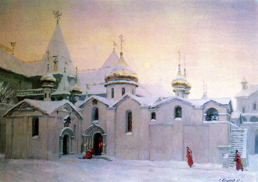 Church of Our Saviour in the Woods. (The Author´s Reconstruction. A Version). From the Moscow Kremlin in the Seventeenth C. 1992. Oil, cvs 80x100. Sergei Kirillov