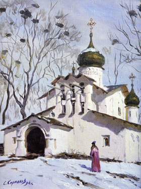 Church of Christ´s Resurrection. (From Stadishche) (The author´s reconstruction). From the Seventeenth-Century Pskov. 1994. Oil, cvs 50x40. Sergei Kirillov