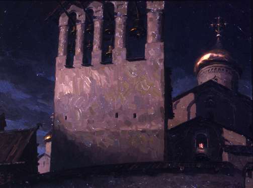 Belfry of the Apparition Church Seen from Zapskovye. From the Seventeenth-Century Pskov City Series. 1990. Oil, cvs 60x80. Sergei Kirillov
