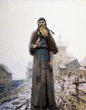 Historical Paintings: Saint Sergius of Radonezh (The Blessing). Second part of the Holy Rus Trilogy. 1992. Oil, cvs 100x80. Sergei Kirillov