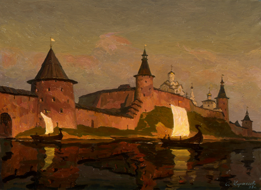 The Kremlin at Sunset From the Seventeenth-Century Pskov City Series. 1990. Oil, cvs 60x80. Sergei Kirillov