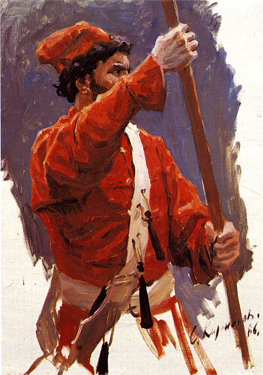 A Strelets with a Spear. A study to the picture Stepan Razin. 1986. Oil, cvs 80x60. Sergei Kirillov