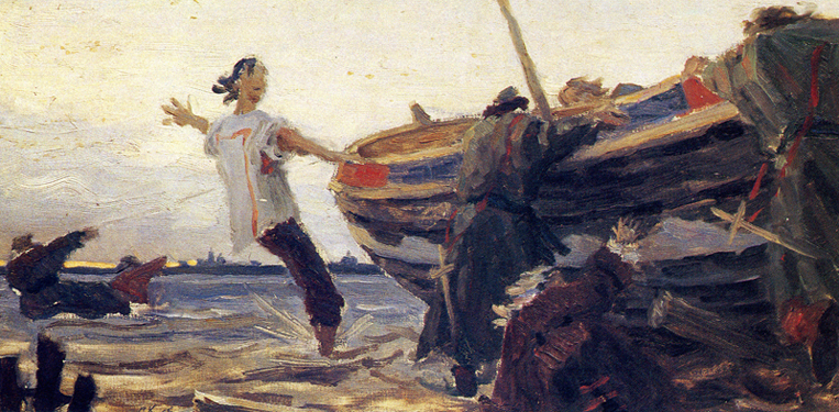 Launching the Yawl. A sketch to Yes to Sea-Going Vessels! (Peter I the Great). 1985. Oil, cdb 35x70. Sergei Kirillov